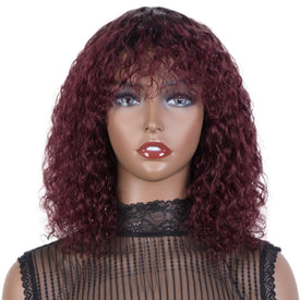Rebecca Fashion Short Curly Wigs with Curly Bangs Kinky Curly Wigs for Black Women Virgin Remy Wig Can Be Restyled Ombre Burgundy Red Color