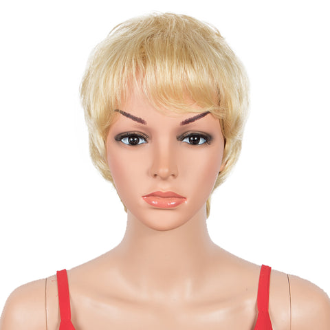 Image of Rebecca Fashion Human Hair Wigs 9 Inch Short Curly Pixie Wigs With Bangs Blonde Color