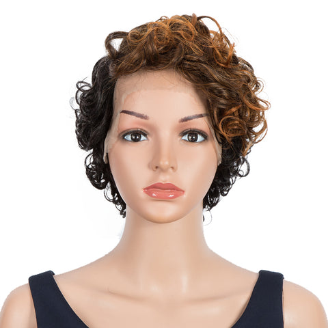 Image of Rebecca Fashion Short Curly Human Hair Wigs 5 inch Side Lace Part Wigs for Black Women Ombre Brown Blonde Color