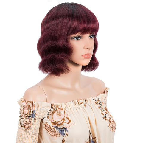 Rebecca Fashion Short Body Wavy Human Hair Wigs With Bangs for Black Women Wavy Bob Wig Ombre Burgundy Red Color