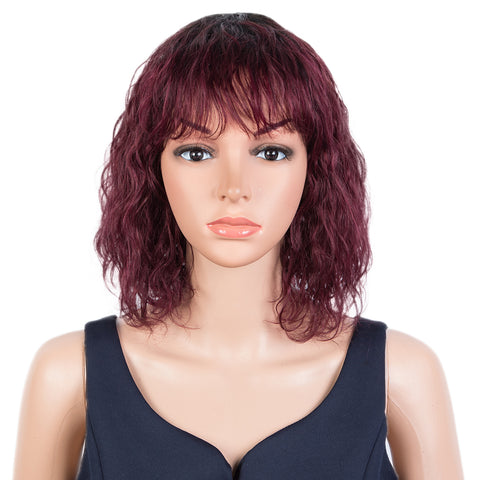 Rebecca Fashion Short Curly Wavy Human Hair Bob Wigs with Bangs for Black Women 100% Human Hair Wigs with Bangs Ombre Burgundy Red Color