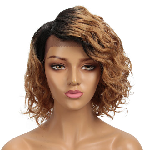 Rebecca Fashion Short Wavy Lace Front Wigs Human Hair Side Lace Part Wavy Bob Wigs for Women Ombre Color