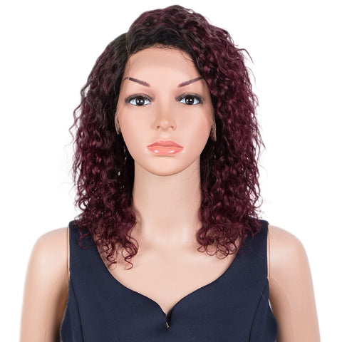 Image of Rebecca Fashion Human Hair Lace Front Wigs 5 inch Side Lace Part Wigs 14 inch Curly Wavy Wig for Black Women Ombre Burgundy Red Color