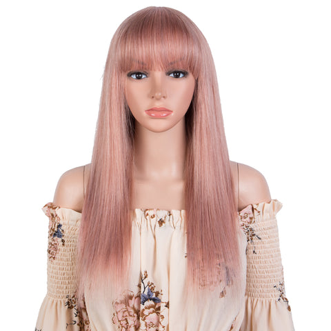 Image of Rebecca Fashion Human Hair Wigs With Bangs For Women Pink Color Non-lace Wig