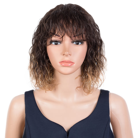 Image of Rebecca Fashion Short Curly Wavy Human Hair Bob Wigs with Bangs for Black Women 100% Human Hair Wigs with Bangs Ombre Brown to Blonde Color