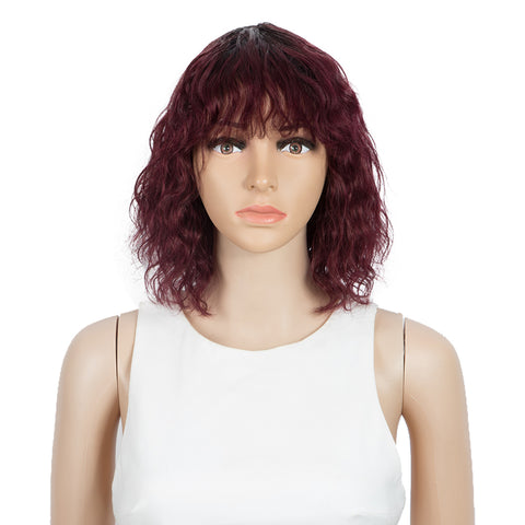 Image of Rebecca Fashion Short Human Hair Bob Wigs with Bangs Curly Wavy Wig for Black Women Ombre Color Wigs with Curly Bangs