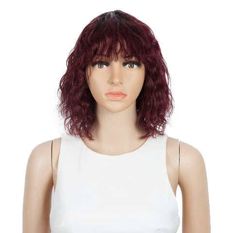 Rebecca Fashion Short Human Hair Bob Wigs with Bangs Curly Wavy Wig for Black Women Ombre Color Wigs with Curly Bangs