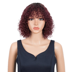 Rebecca Fashion Short Curly Wigs with Bangs Kinky Curly Wigs for Black Women 14 Inch Remy Ombre Wine Red Wig