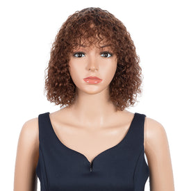 Rebecca Fashion Short Curly Wigs with Bangs Kinky Curly Wigs for Black Women 14 Inch Remy Ombre Brown Wig