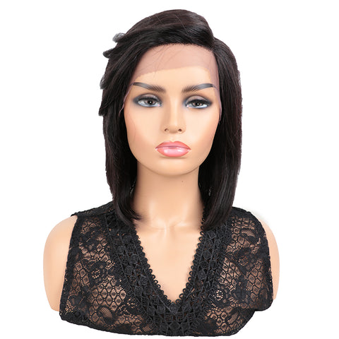 Image of Rebecca Fashion Human Hair Wigs with High Side Bangs 4.5 inch Lace Side Part Wig for Women Natural Color Wigs