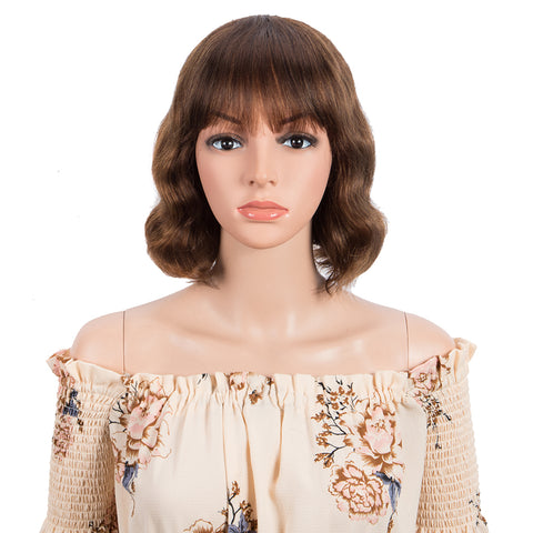 Image of Rebecca Fashion Short Body Wavy Human Hair Wigs With Bangs for Black Women Wavy Bob Wig Medium Brown Color