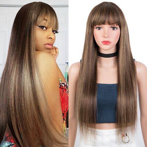 Image of Rebacca Fashion Ombre Brown Color Straight Human Hair Wigs With Bangs For Women Full Machine Made Human Hair Wigs