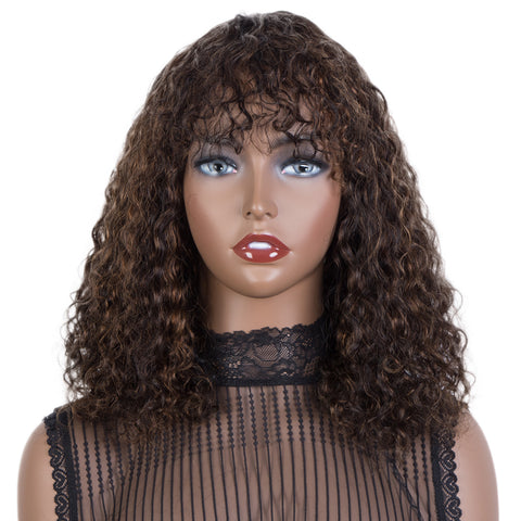 Rebecca Fashion Short Curly Wigs with Curly Bangs Kinky Curly Wigs for Black Women Virgin Remy Wig Can Be Restyled Piano Brown Color