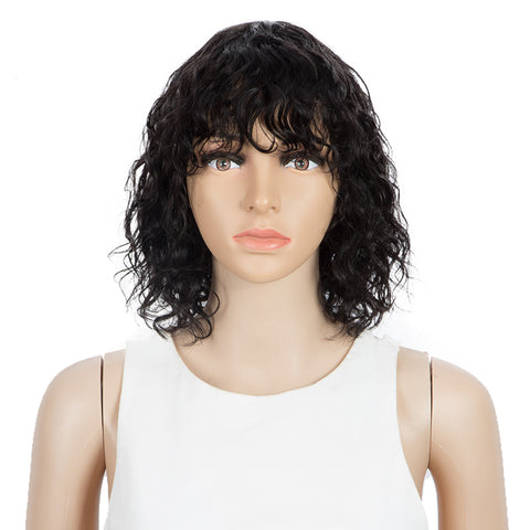 Image of Rebecca Fashion Short Human Hair Bob Wigs with Bangs Curly Wavy Wig for Black Women Natural Black Color Wigs with Curly Bangs