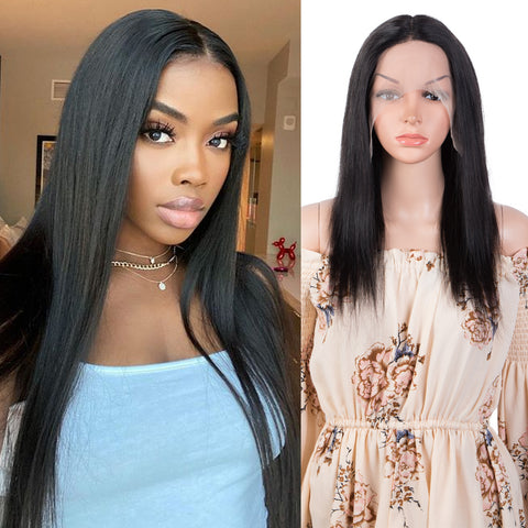 Image of Rebecca Fashion T Part 13x4x1 HD Lace Front Wigs 100% Human Hair Straight Wigs For Women Middle Part Lace Wigs 150% Density Natural Black Color