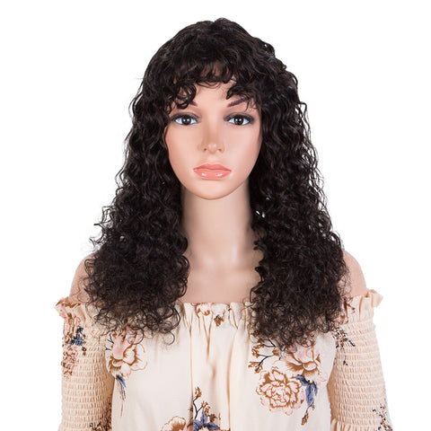 Rebecca Fashion Deep Wave Human Hair Wigs with Bangs Remy Human Hair Wig with Curly Bangs for Black Women Natural Black color