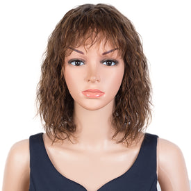 Rebecca Fashion Short Curly Wavy Human Hair Bob Wigs with Bangs for Black Women 100% Human Hair Wigs with Bangs Ombre Brown Color
