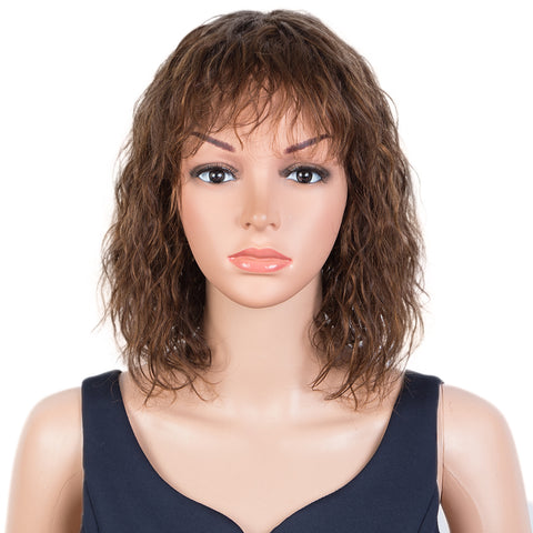 Image of Rebecca Fashion Short Curly Wavy Human Hair Bob Wigs with Bangs for Black Women 100% Human Hair Wigs with Bangs Ombre Brown Color