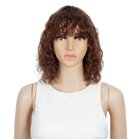 Image of Rebecca Fashion Short Human Hair Bob Wigs with Bangs Curly Wavy Wig for Black Women Ombre Color Wigs with Curly Bangs