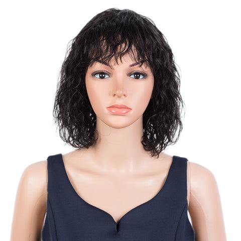 Image of Rebecca Fashion Short Curly Wavy Human Hair Bob Wigs with Bangs for Black Women 100% Human Hair Wigs with Bangs Natural Black Color Wigs