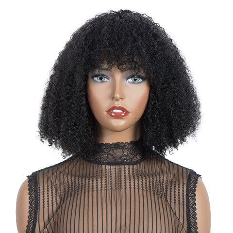 Rebecca Fashion Virgin Human Hair Wigs with Bangs Kinky Curly Wigs for Black Women Natural Black color