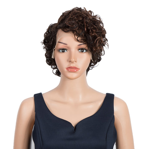 Image of Rebecca Fashion Short Kinky Curly Lace Front Wigs Human Hair Side Lace Part Wigs for Black Women Dark Brown Color