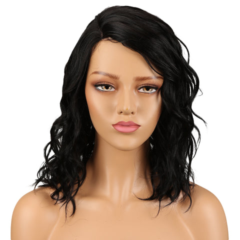 Rebecca Fashion Human Hair Lace Front Wigs 4.5 inch Side LacePart Wigs 14 inch Water Wavy Wig for Black Women Brown Color