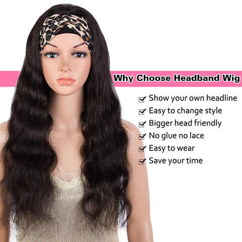 Image of REBECCA FASHION Remy Human Hair Headband Wig Body Wave Headwrap Wig Natural Color