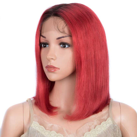 Image of Rebecca Fashion Red Straight Wig 12 Inch Bob Wigs Part Lace Human Hair