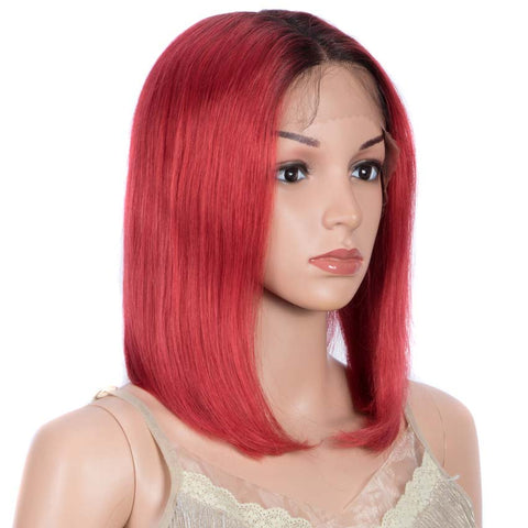 Image of Rebecca Fashion Red Straight Wig 12 Inch Bob Wigs Part Lace Human Hair