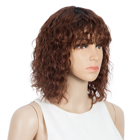 Image of Rebecca Fashion Short Human Hair Bob Wigs with Bangs Curly Wavy Wig for Black Women Ombre Color Wigs with Curly Bangs