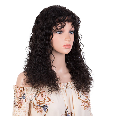 Rebecca Fashion Deep Wave Human Hair Wigs with Bangs Remy Human Hair Wig with Curly Bangs for Black Women Natural Black color