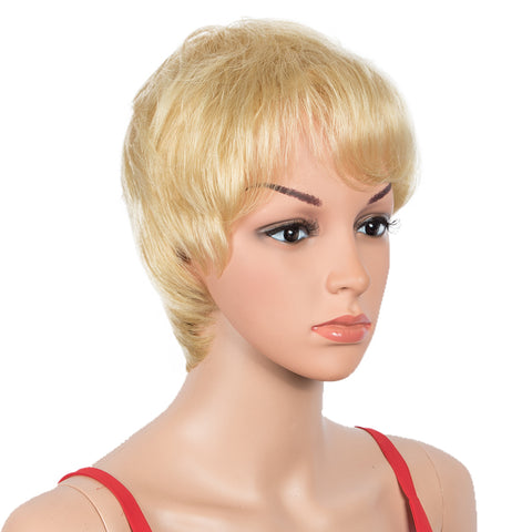 Image of Rebecca Fashion Human Hair Wigs 9 Inch Short Curly Pixie Wigs With Bangs Blonde Color