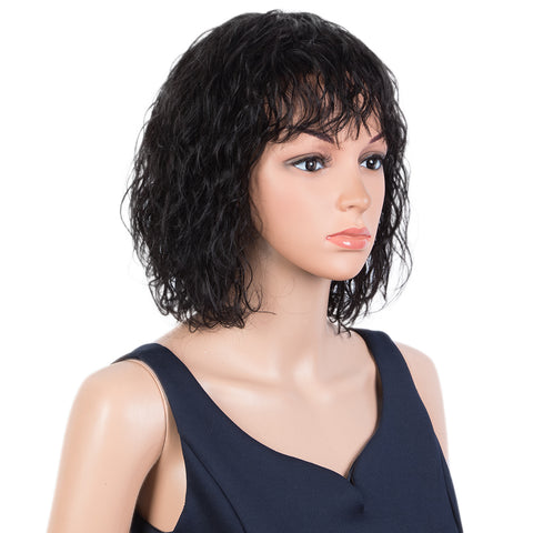 Rebecca Fashion Short Curly Wavy Human Hair Bob Wigs with Bangs for Black Women 100% Human Hair Wigs with Bangs Natural Black Color Wigs