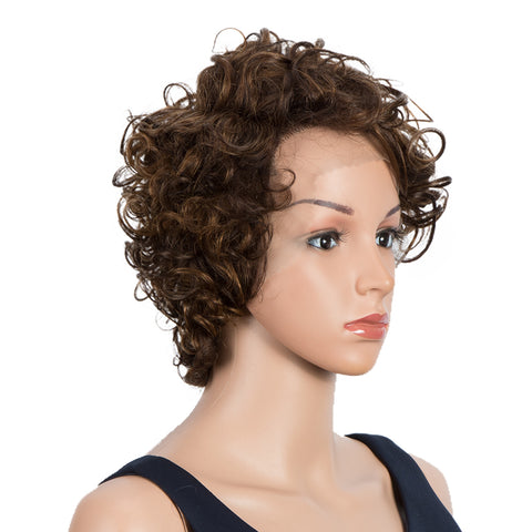 Image of Rebecca Fashion Short Curly Lace Front Wigs Human Hair Side Lace Part Wigs for Black Women Medium Brown Color