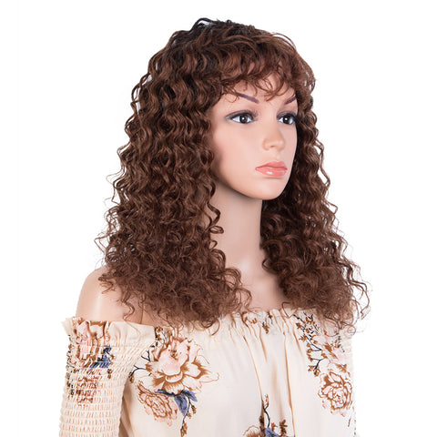 Rebecca Fashion Deep Wave Human Hair Wigs with Bangs Remy Human Hair Wig with Curly Bangs for Black Women Ombre Brown Color
