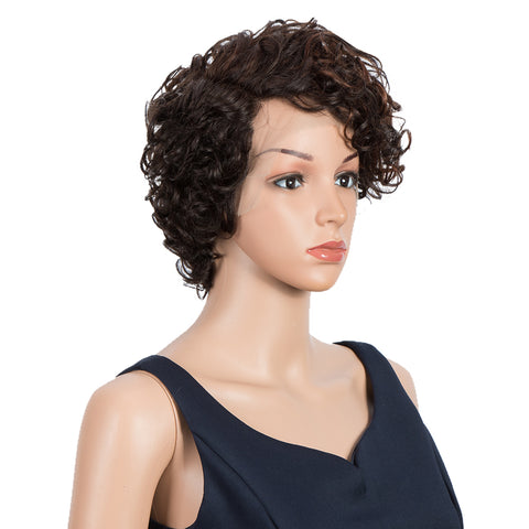 Image of Rebecca Fashion Short Kinky Curly Lace Front Wigs Human Hair Side Lace Part Wigs for Black Women Dark Brown Color