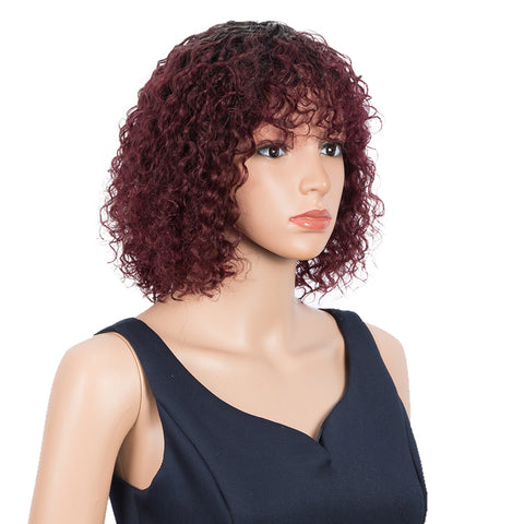 Rebecca Fashion Short Curly Wigs with Bangs Kinky Curly Wigs for Black Women 14 Inch Remy Ombre Wine Red Wig