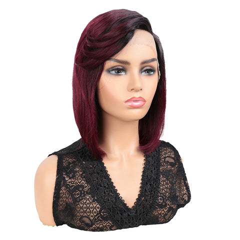 Rebecca Fashion Human Hair Wigs with High Side Bangs 4.5 inch Lace Side Part Wig for Women Ombre Wine Red Color Wigs