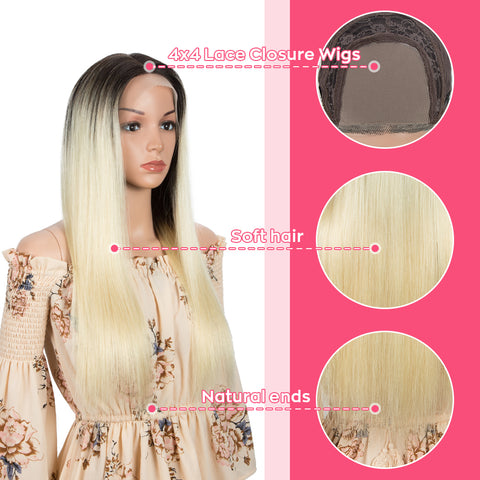 Rebecca Fashion 100% High Quality Straight Human Hair 4x4 HD Lace Closure Wigs Ombre Blonde Color 150% Density