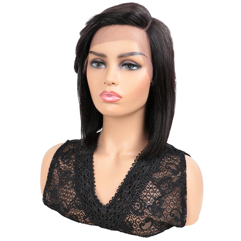 Image of Rebecca Fashion Human Hair Wigs with High Side Bangs 4.5 inch Lace Side Part Wig for Women Natural Color Wigs