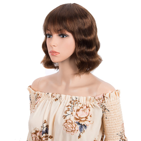 Image of Rebecca Fashion Short Body Wavy Human Hair Wigs With Bangs for Black Women Wavy Bob Wig Medium Brown Color