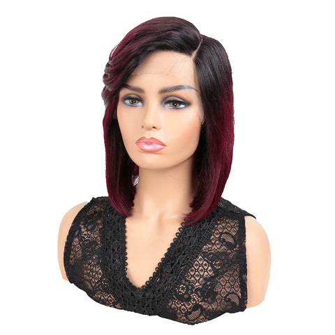 Image of Rebecca Fashion Human Hair Wigs with High Side Bangs 4.5 inch Lace Side Part Wig for Women Ombre Wine Red Color Wigs