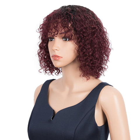 Rebecca Fashion Short Curly Wigs with Bangs Kinky Curly Wigs for Black Women 14 Inch Remy Ombre Wine Red Wig
