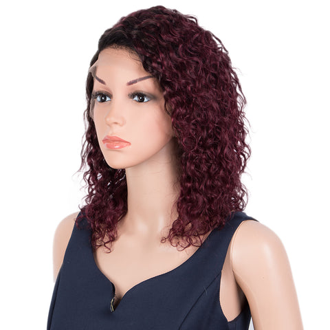 Image of Rebecca Fashion Human Hair Lace Front Wigs 5 inch Side Lace Part Wigs 14 inch Curly Wavy Wig for Black Women Ombre Burgundy Red Color