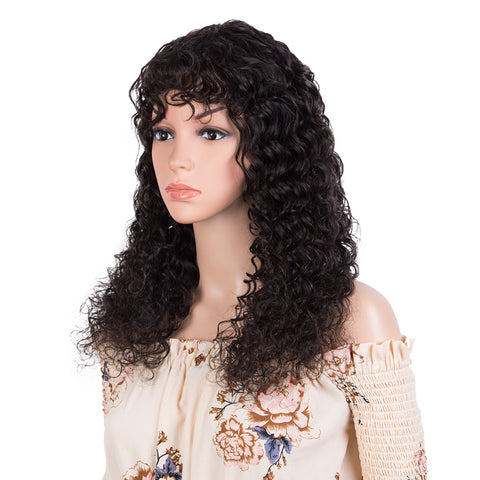Image of Rebecca Fashion Deep Wave Human Hair Wigs with Bangs Remy Human Hair Wig with Curly Bangs for Black Women Natural Black color