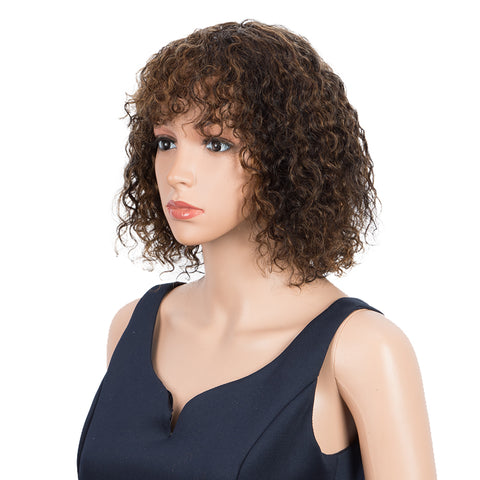 Image of Rebecca Fashion Short Curly Wigs with Curly Bangs Kinky Curly Wigs for Black Women 14 Inch Remy Brown Wig