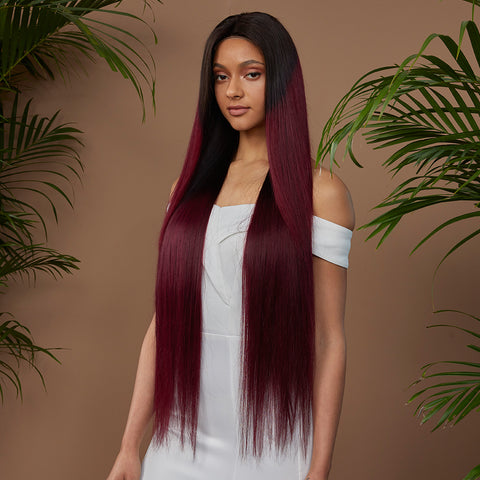 Image of Rebecca Fashion 100% Hight-quality Virgin Human Hair Wigs 4x4 Lace Closure Wigs Straight Human Hair 150% Density Red Wine Color