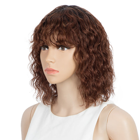 Rebecca Fashion Short Human Hair Bob Wigs with Bangs Curly Wavy Wig for Black Women Ombre Color Wigs with Curly Bangs