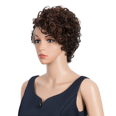 Image of Rebecca Fashion Short Kinky Curly Lace Front Wigs Human Hair Side Lace Part Wigs for Black Women Dark Brown Color